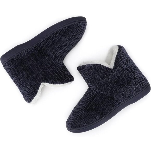 Women's Winter Warm Dark Blue Fluffy Fur Lined Plush Bootie Slippers Shoes - Picture 6 of 7